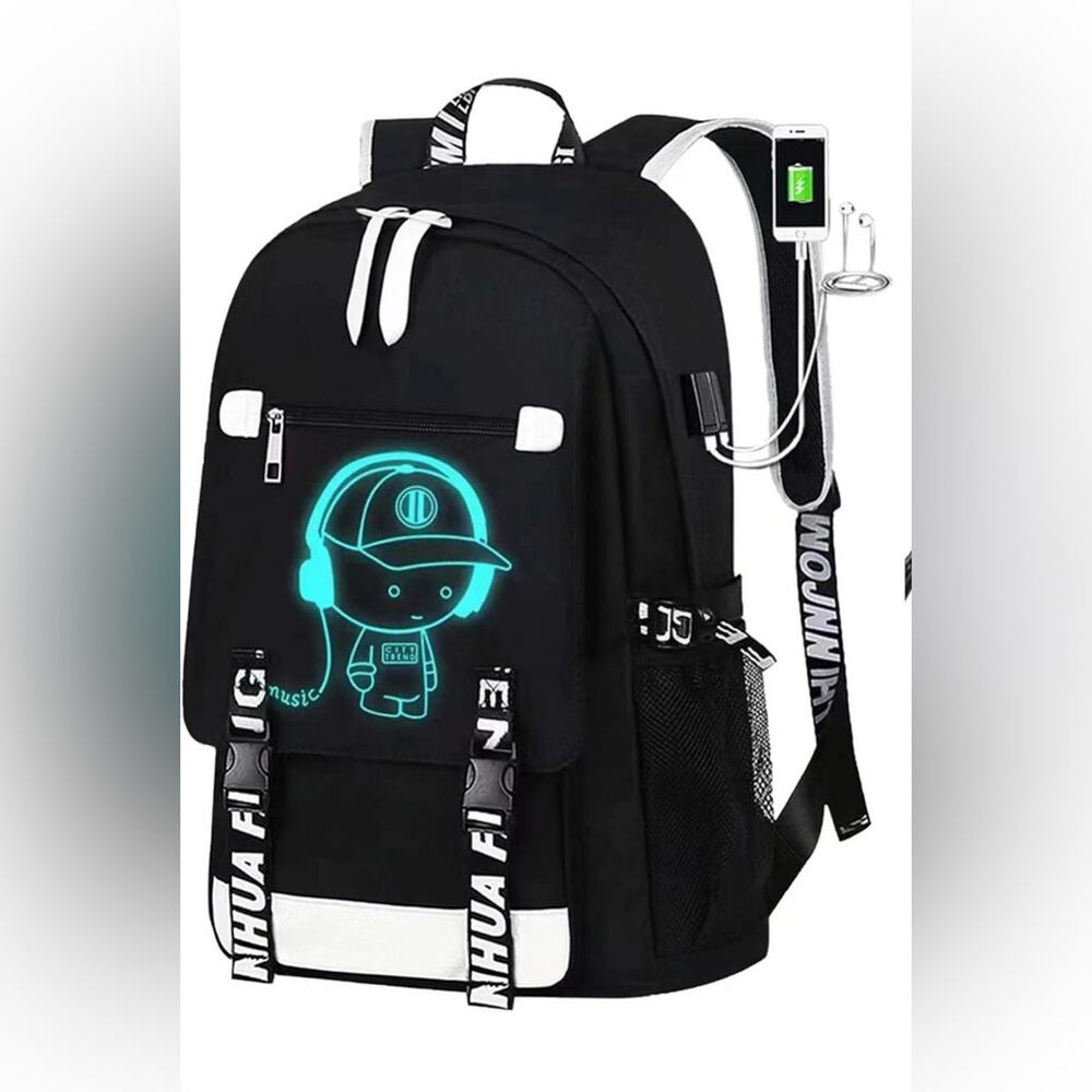 Black Backpack with reflective anime Graphic - Picture 1 of 11